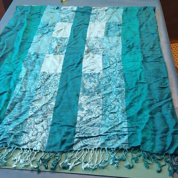 Teal Patchwork Women's Scarf with Fringe - Picture 1 of 6